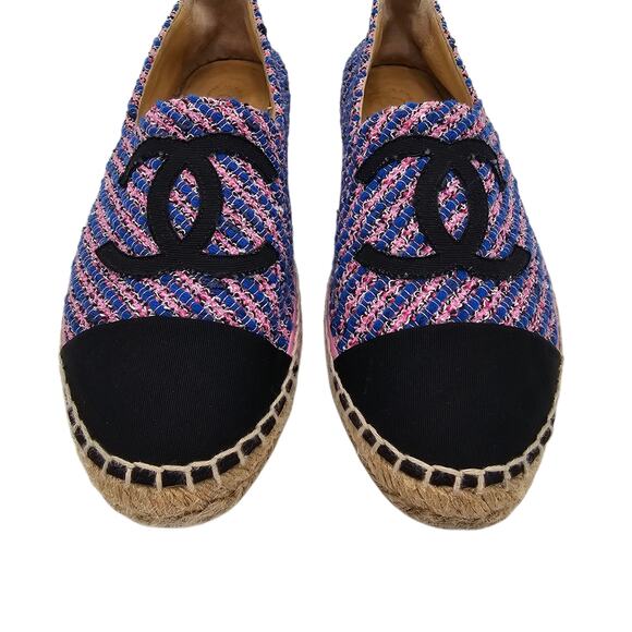 Chanel 23P CC Tweed Blue Pink Black Espadrille Cap Toe Slip On Size 38 US 7 7.5 - Picture 4 of 10